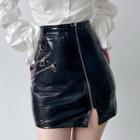 Faux Leather Slit Zip-up Mini Pencil Skirt