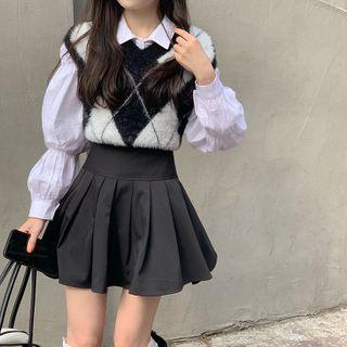 Puff-sleeve Blouse / Pleated Mini A-line Skirt / Argyle Sweater Vest