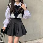 Puff-sleeve Blouse / Pleated Mini A-line Skirt / Argyle Sweater Vest