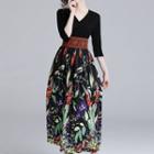 3/4-sleeve Floral Panel Maxi Chiffon Dress