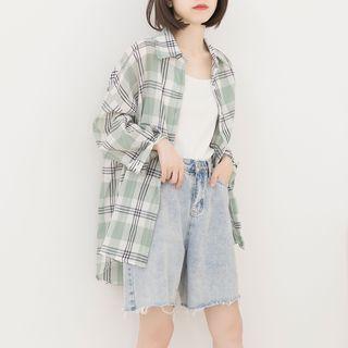 Plaid Oversized Shirt Light Green - One Size