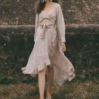 Set: Long-sleeve Plaid V-neck Top + Plaid Irregular Hem Skirt