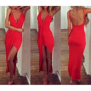 Strappy V-neck Open Back Sheath Midi Dress