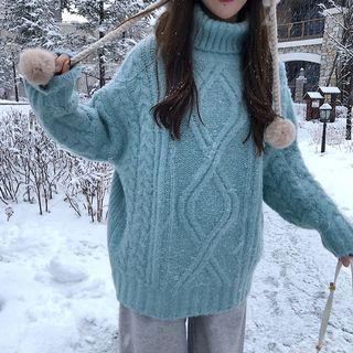 Mock-neck Cable-knit Sweater / High-waist Pants