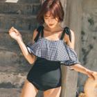 Checked Cold Shoulder Swimsuit