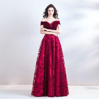 Off-shoulder Short-sleeve Embroidered A-line Evening Gown