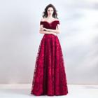 Off-shoulder Short-sleeve Embroidered A-line Evening Gown