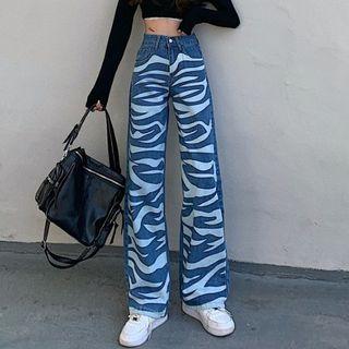High-waist Zebra Printed Wide-leg Jeans