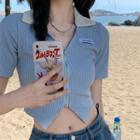 Short-sleeve Asymmetrical Zip-front Cropped Top Blue - One Size