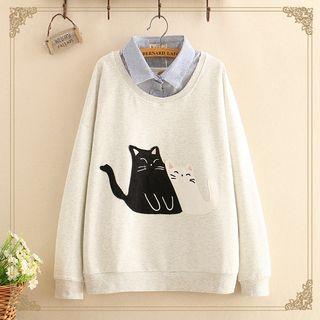Inset Striped Shirt Cat Patchwork Sweater
