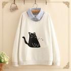Inset Striped Shirt Cat Patchwork Sweater
