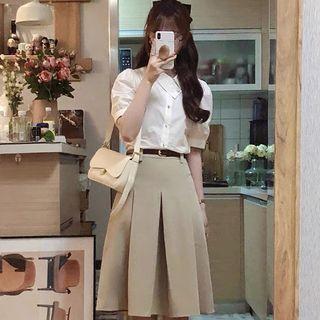 Set: Short-sleeve Plain Shirt + Pleated Skirt