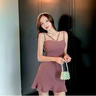 Spaghetti Strap Ruffle Hem Mini Sheath Dress