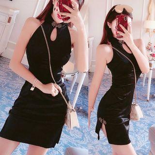 Keyhole Front Velvet Mini Bodycon Qipao