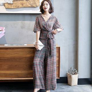 Set: Plaid Elbow-sleeve Top + Wide-leg Pants
