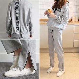 Set: Hooded Lettering Zip-back Pullover + Sweat Pants