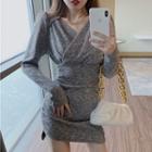 Long-sleeve V-neck Mini Bodycon Dress Gray - One Size