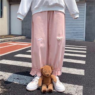 Plush-accent Frill Trim Wide Leg Pants