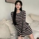 Set: Striped Cropped T-shirt + Mini Pencil Skirt Set Of 2 - T-shirt & Skirt - Stripe - Khaki & Black - One Size