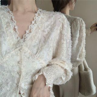 V-neck Lace Trim Plain Blouse