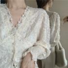 V-neck Lace Trim Plain Blouse