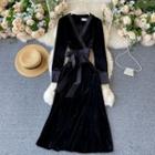 V-neck Lace-up Strap Long-sleeve Velvet Dress