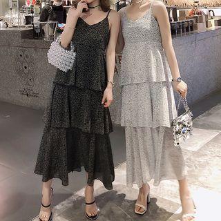 Spaghetti Strap Patterned A-line Midi Chiffon Tiered Dress