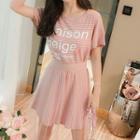 Set: Lettering Short-sleeve T-shirt + Sheer Panel A-line Skirt