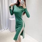Long-sleeve Round-neck Contrast-trim Slit Dress