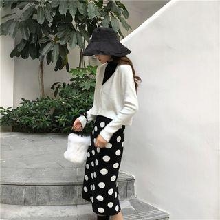 Plain Cardigan / Dot High-waist Skirt