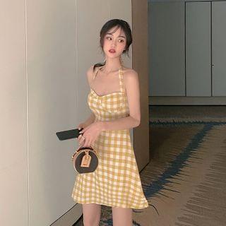 Halter-neck Gingham Mini A-line Dress