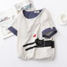 Cat Print Short-sleeve Top Gray Beige - One Size