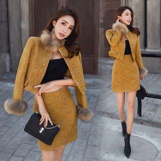 Set: Faux Fur Trim Tweed Buttoned Jacket + Mini A-line Skirt