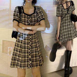 Square-neck Waist Line Plaid Dress