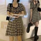 Square-neck Waist Line Plaid Dress
