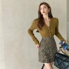 Plain Cardigan / Leopard Print High-waist Mini Skirt