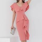 Cap-sleeve Frill Trim Sheath Dress