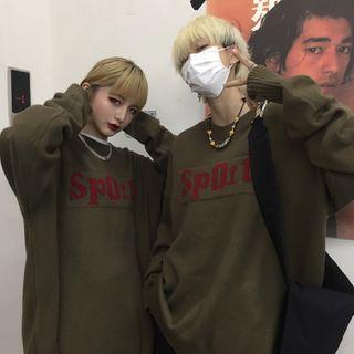 Lettering Long-sleeve Sweater Brown - One Size