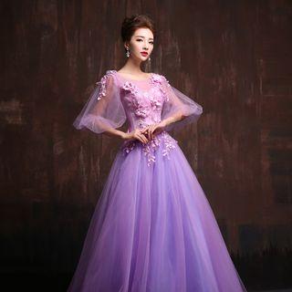 Mesh Lantern Sleeve Ball Gown