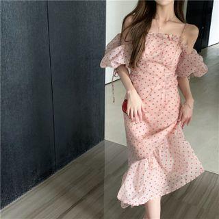 Off-shoulder Dotted Midi Mermaid Dress