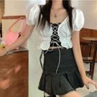 Puff-sleeve Lace-up Blouse / A-line Denim Skirt