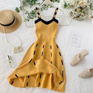 V-neck Color Block Knit Spaghetti-strap Dress