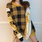 Striped Panel Lettering Plaid Sweater Yellow - One Size