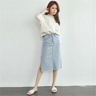 Deep-slit Midi Denim Skirt
