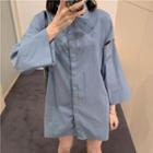 Long-sleeve Paneled Mini Shirt Dress Blue - One Size