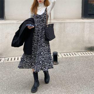 Leopard Strappy Midi A-line Dress / Turtleneck Long-sleeve T-shirt