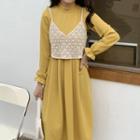 Long-sleeve Midi A-line Dress / Lace Camisole Top