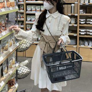 Long-sleeve Ruffle Shirt Dress White & Khaki - One Size