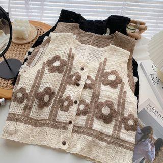 Sleeveless Floral Button-up Knit Top