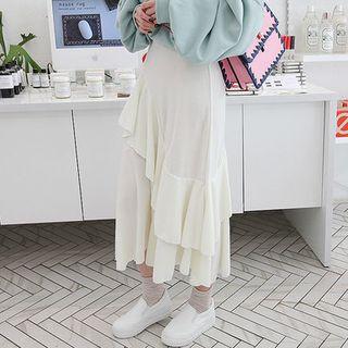 Band-waist Ruffled Long Skirt